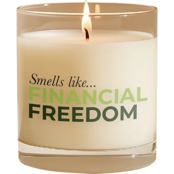 DFree candle labelled Smells like financial freedom.