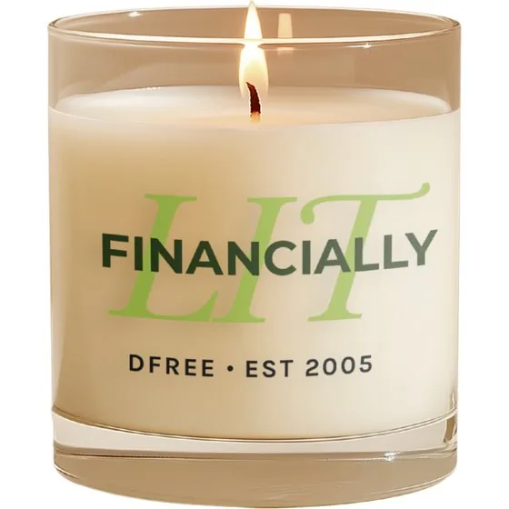DFree candle labelled Financially LIT.