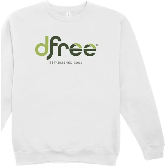 White DFree crewneck with the wordmark and established 2005.