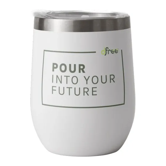 White DFree tumbler reading Pour into your future.