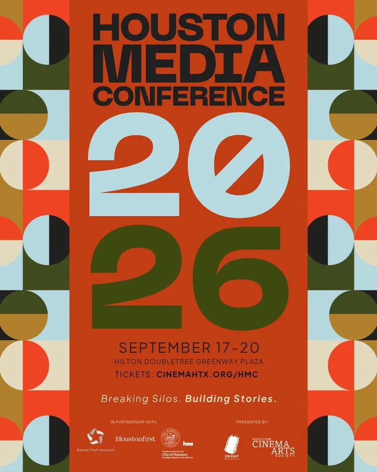 Houston Media Conference 2026 flyer in orange with the year set large and the September dates beneath it.
