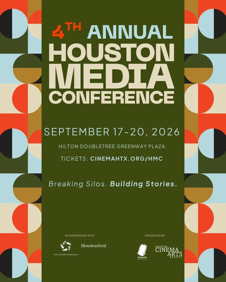 Flyer for the 4th Annual Houston Media Conference, September 17 to 20 2026 at the Hilton DoubleTree Greenway Plaza, tagged Breaking Silos. Building Stories.