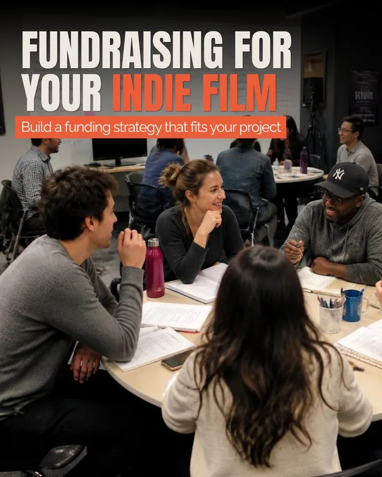 Social graphic reading Fundraising for your indie film, build a funding strategy that fits your project.