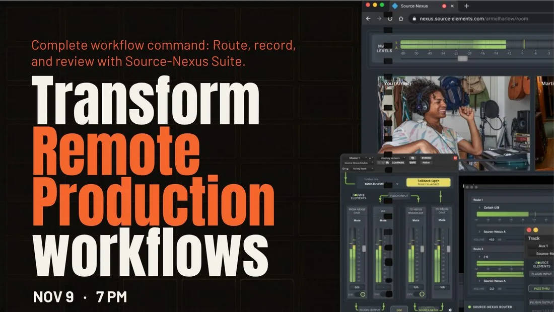 Event graphic reading Transform remote production workflows, with a software interface collage.