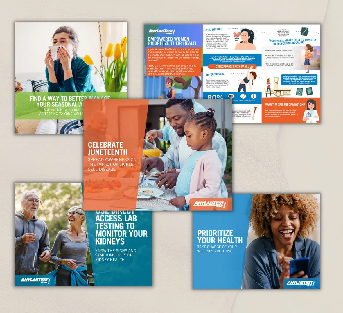A grid of Any Lab Test Now franchisee marketing assets: seasonal social posts, a women's health infographic, and in-store campaign materials.