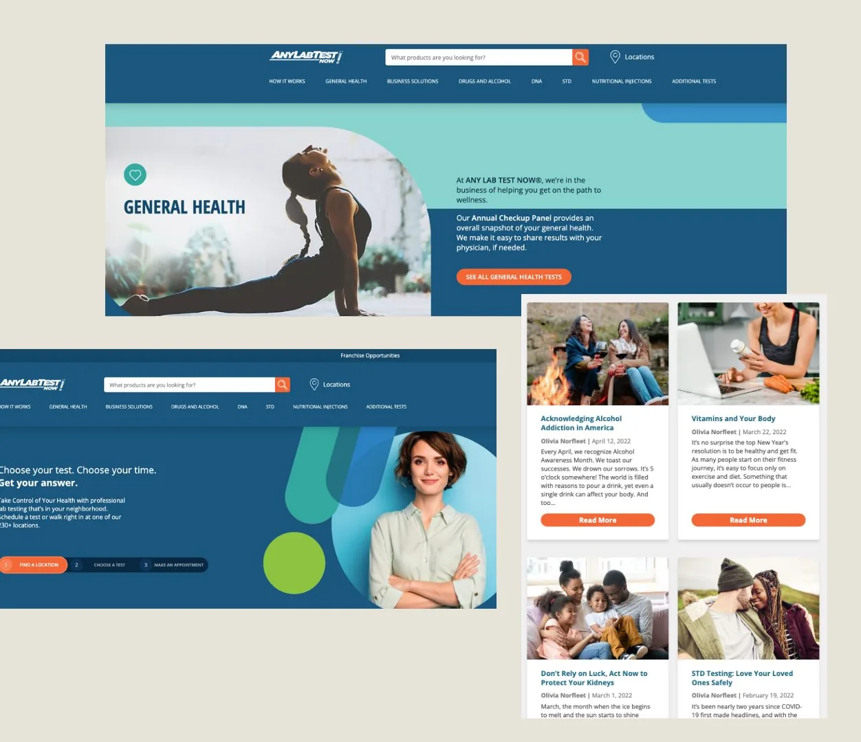 Any Lab Test Now screens: the general health category page, the three-step booking path on the homepage, and the SEO article hub.