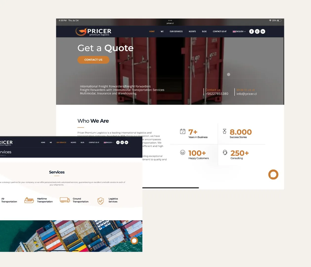 Pricer Premium Logistics screens: a quote request above the fold, a company proof section, and a services page splitting air, maritime, ground, and logistics offerings.