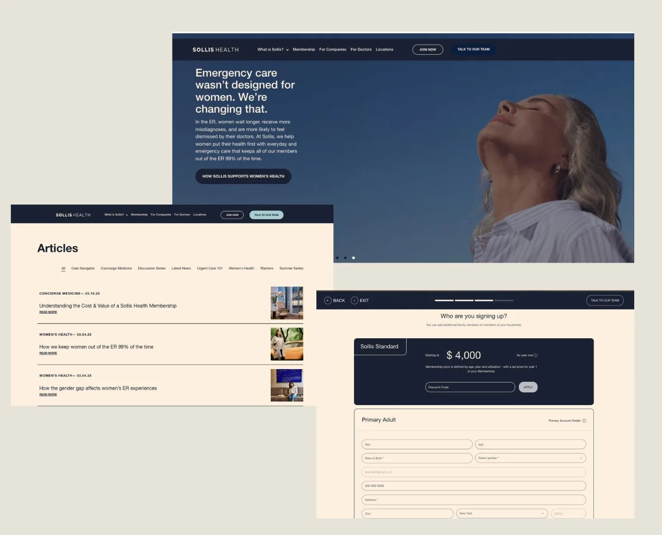Sollis Health screens: the women's health campaign hero, the articles hub, and the membership sign-up and checkout flow.