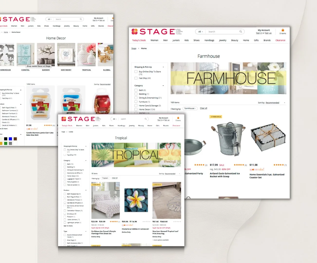 Stage Stores category pages for home decor, farmhouse, and tropical, each with faceted filters and a merchandised banner.