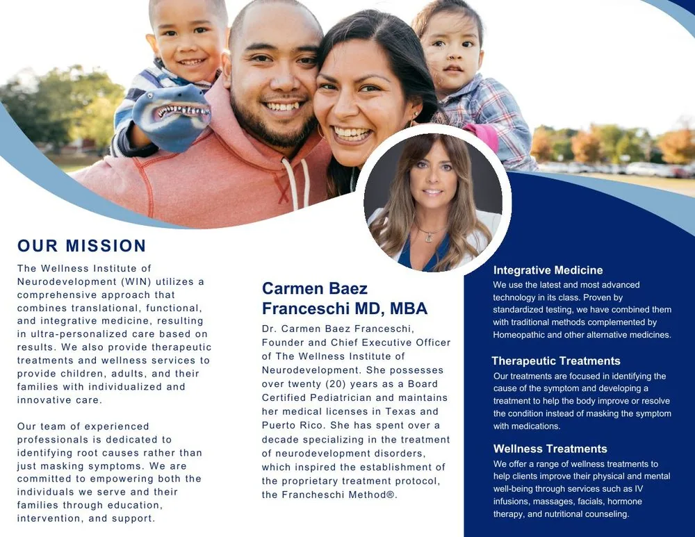 WIN patient brochure, English, showing conditions treated, mission, and integrative and therapeutic treatment sections.