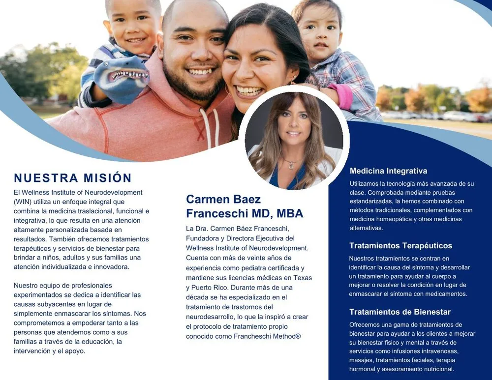 The same WIN patient brochure in Spanish, with condiciones tratadas and nuestra misión.