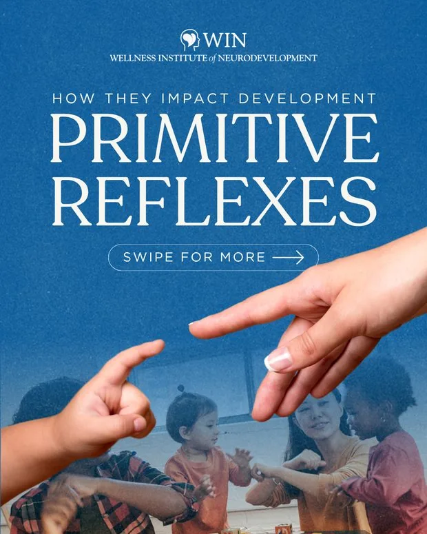 Social post explaining how primitive reflexes impact development.