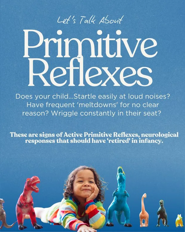 Social post listing signs of active primitive reflexes for parents to recognize.